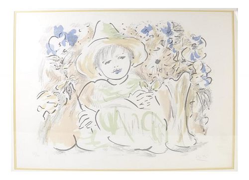 Colored Print, Modern Child With Flowers