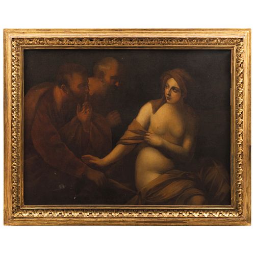 A LA MANERA DE GUIDO RENI (ITALIA, 1575-1642) SUSANA Y LOS VIEJOS MÉXICO, SIGLO XIX Óleo sobre tela. 147.5 x 11 cm
