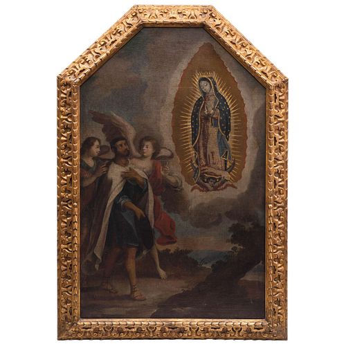 PRIMERA APARICIÓN DE LA VIRGEN DE GUADALUPE A JUAN DIEGO MÉXICO, SIGLO XVIII Óleo sobre tela. 135 x 85 cm