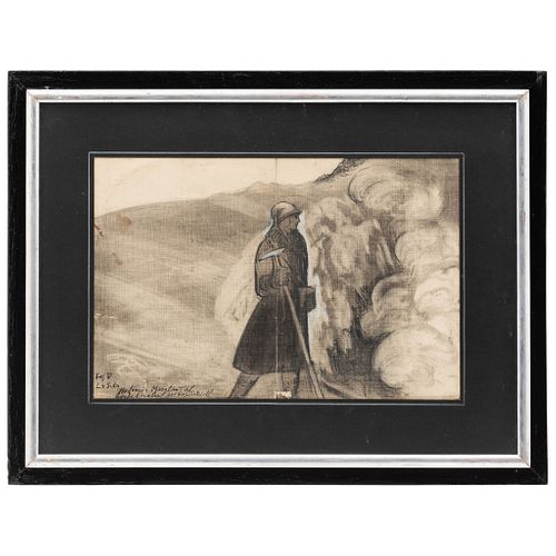GERARDO MURILLO "DR. ATL".  SRTA. HORTENSIA MARGLAND AL BORDE DEL CRÁTER DEL POPOCATÉPETL. Carbón sobre papel. 25.5 x 38 cm