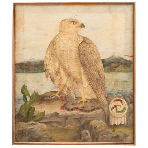 ALEGORÍA DE TENOCHTITLAN. MÉXICO, SIGLO XX. Óleo sobre tela. Detalles de conservación. 63 x 52 cm