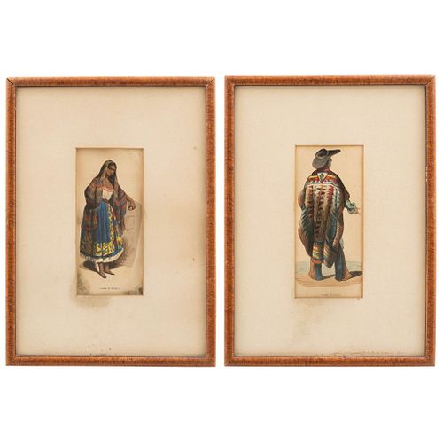 HOMBRE DE PUEBLA Y CHINA POBLANA. FRANCIA, SIGLO XIX. Litografías coloreadas. Detalles de conservación. 17 x 7.5 cm