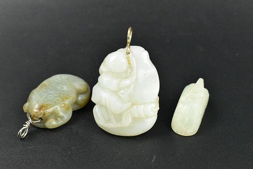 3 Chinese Jade Carved Toggles, Figure, Toad & Duck