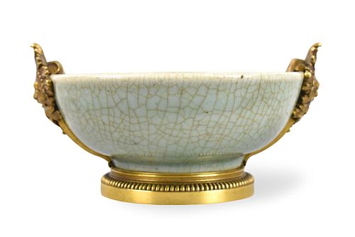 Chinese Ge Type Celadon Bowl w/ Ormolu,18th C.
