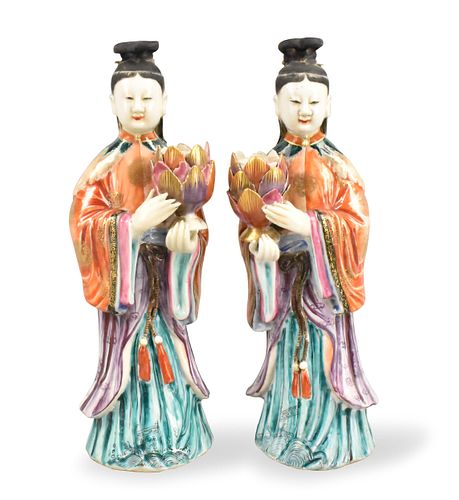 Pair Chinese Lady w/Lotus Candleholders,Qianlong P
