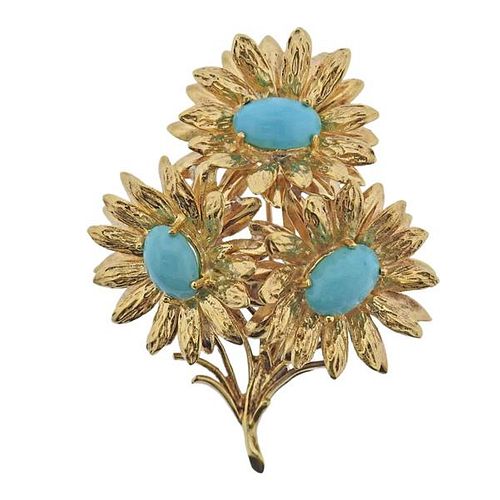 Tiffany &amp; Co 18k Gold Turquoise Flower Brooch Pin