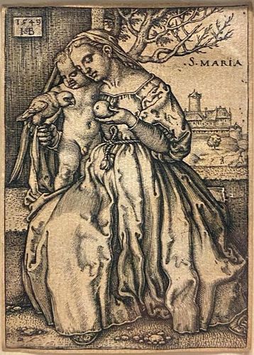 Hans Sebald Beham Engraving, Virgin and Child with a Parrot