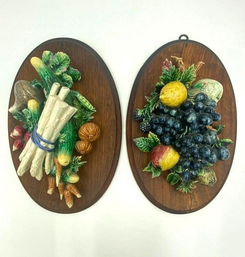 Pair of Majolica Fruit and Vegetable Wall Plaques