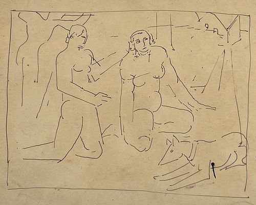 William Sommer Drawing, Two Nudes and Dog