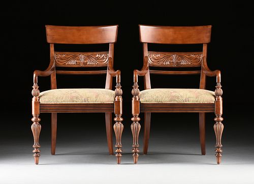 A PAIR OF ETHAN ALLEN UPHOLSTERED AND CARVED MAPLE "MACKENZIE" ARMCHAIRS, MODERN,