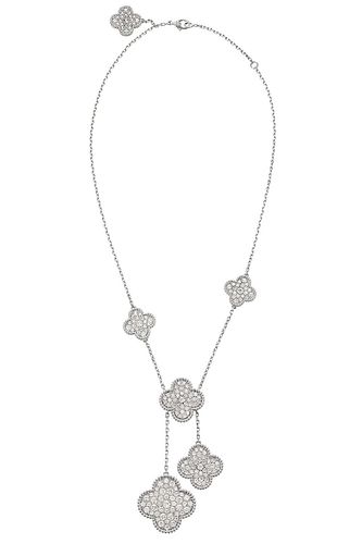 Van Cleef Magic Alhambra 18k White Gold 6 Motif 6.17TCW Diamond Necklace