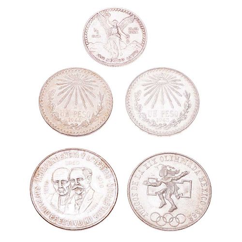 Cinco monedas Sufragio Efectivo no Reelección, Juegos olimpicos México 1968, 2 pesos Libertad y Onza en  plata .720 y .999. Peso:...