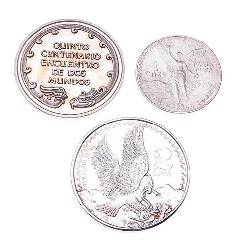 Tres monedas Quinto centenario de dos mundos, Emiliano Zapata y onza troy en plata ley .999. Peso: 144.0 g.
