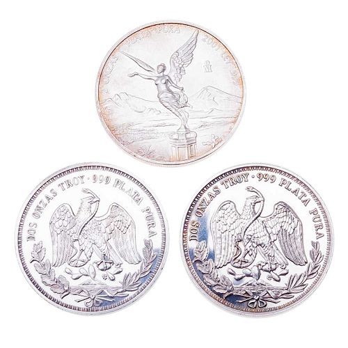 Tres monedas Onza troy, Libertad y pelea de gallos en plata ley .999. Peso: 187.0 g.