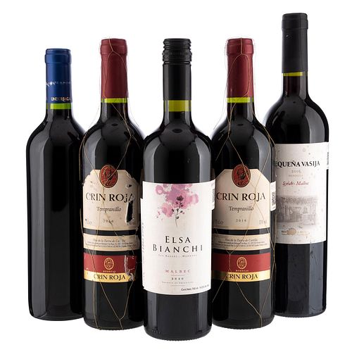 Lote de Vinos Tintos de Argentina, España y Chile. Pequeña Vasija. En presentaciones de 750 ml. Total de piezas: 5.