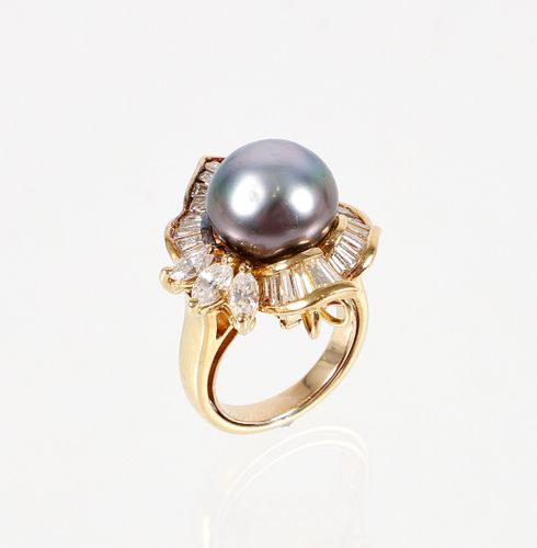 18K Black Cultured Pearl Diamond Ring/Pendant