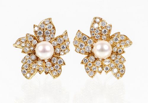 18K Pearl Diamond Floral Earrings