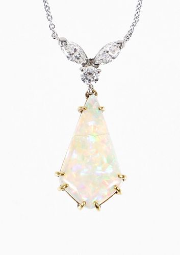 Platinum Diamond Opal Pendant Necklace