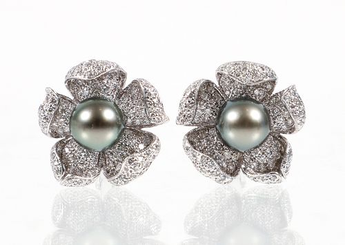 18K Black Pearl Diamond Floral Earrings