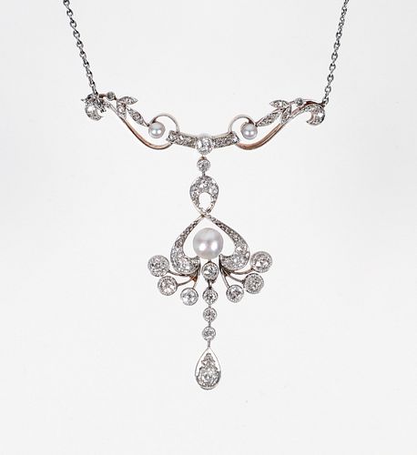 Platinum 14K Diamond Pearl Pendant Necklace