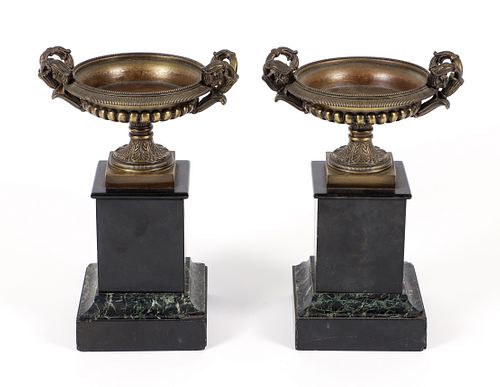 Pair of Bronze Urns on marble bases