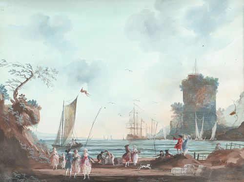 Continental Harbor Scene Gouache dated 1754