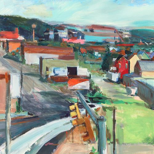 Barry Shields painting Pittsburgh Hillside with Traffic Light