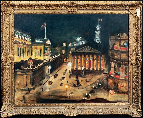 LONDON AT NIGHT ROYAL EXCHANGE & BANK OF ENGLAND OIL PAINTING