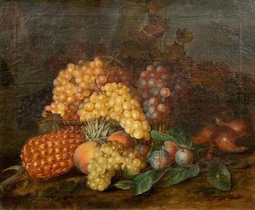 STILL LIFE PINEAPPLE, PLUMS, & GRAPES OIL PAINTING