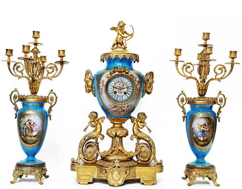 19th C. French Sevres Hand Painted Porcelain Bronze Clock set