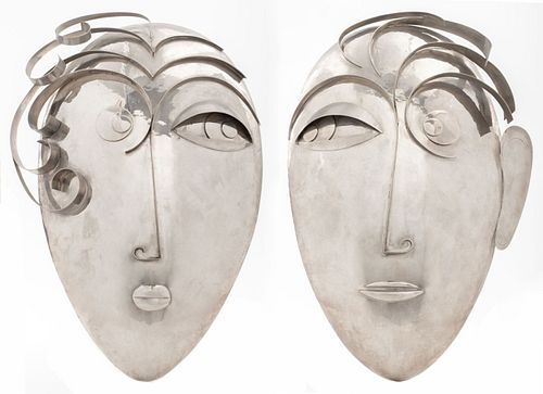 Franz Hagenauer Art Deco Chromed Metal Masks, Pair
