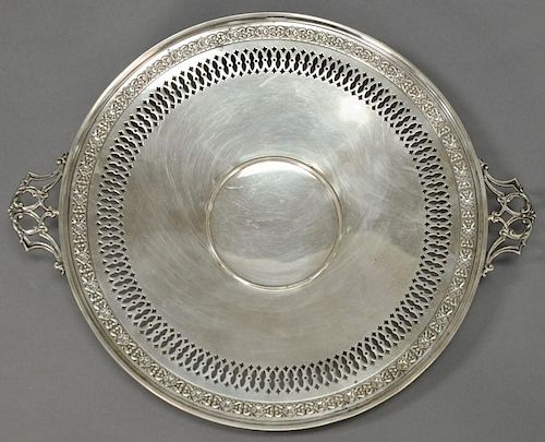 Sterling silver reticulated footed serving charger, dia. 10 1/2" plus handles, 11.2 t oz.