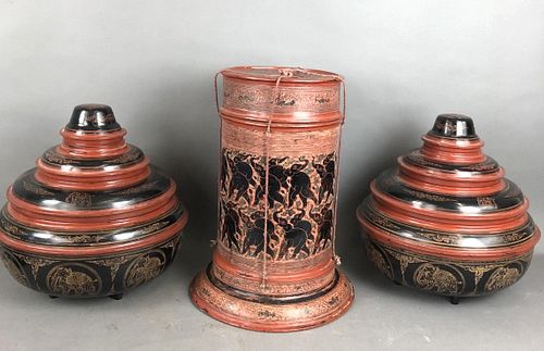A Group of 3 Burmese Style Laquered Containers