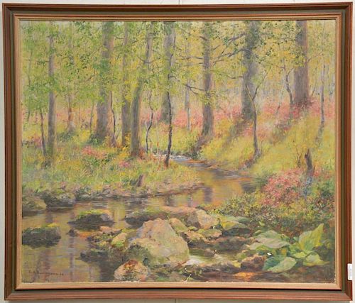 Charles Albert Burlingame (1860-1930) oil on canvas spring stream landscape signed lower left C.A. Burlingame, 25" x 30".
