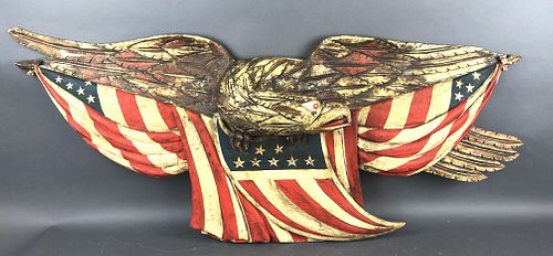 A Carved Wooden Painted Eagle and Flag