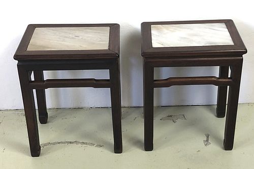 A Pair of Asian Rosewood & Marbletop Side Tables