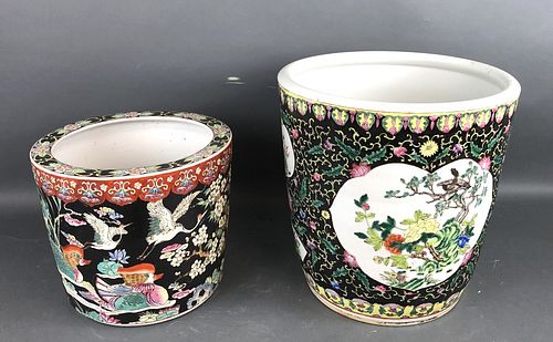 2 Asian Floral & Bird Decorated Planters