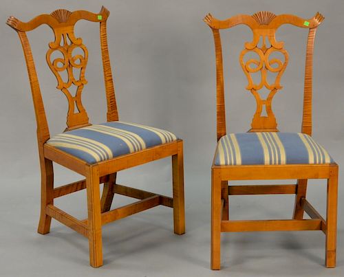 Pair of Eldred Wheeler tiger maple Chippendale style side chairs.