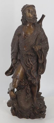 Japanese Bronze of a Man Standing Atop a Dragon or
