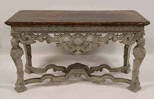 Antique Carved & Painted Figural Console Table.