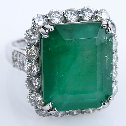 AIG Certified 15.59 Carat Rectangular Step Cut Emerald, 2.15 Carat Round Brilliant Cut Diamond and 14 Karat White Gold Ring.