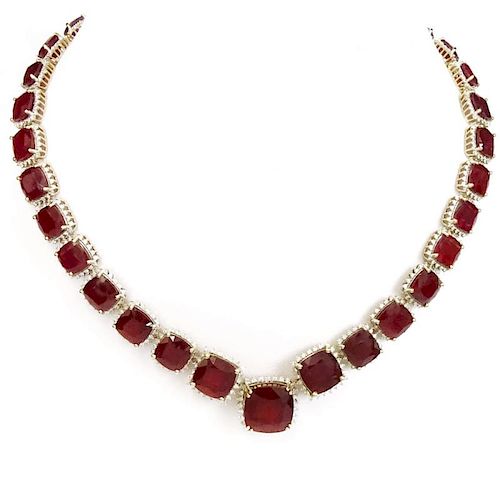 AIG Certified 166.95 Carat Square Cushion Cut Ruby, 5.01 Carat Round Brilliant Cut Diamond and 14 Karat Yellow Gold Necklace.
