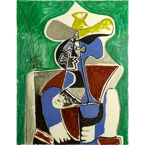 after: Pablo Picasso, Spanish (1881-1973) Marina Picasso Estate Lithograph "Buste Au Chapeau Juane Et Gris Sur Fond Verte"