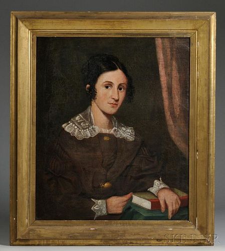 American School, 19th Century      Portrait of a Woman in a Brown Dress Holding a Book.