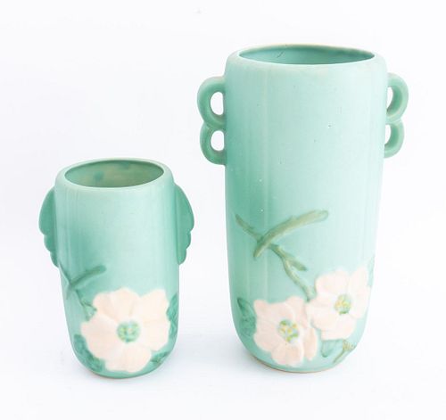 Weller Pottery Wild Rose Tall Vases, Two