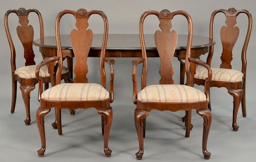 Ethan Allen six piece dining room set with breakfront, four Queen Anne chairs, and Queen Anne table. table: ht. 30", top: 40" x 65",...