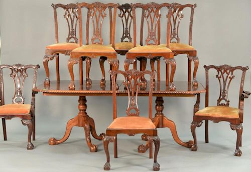 Nine piece mahogany dining set including rope edge double pedestal table with two 20" leaves and 8 ball and claw foot chairs, 20th c...