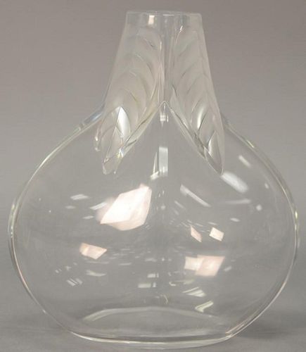 Lalique crystal bud vase with frosted leaves, ht. 6 1/2".