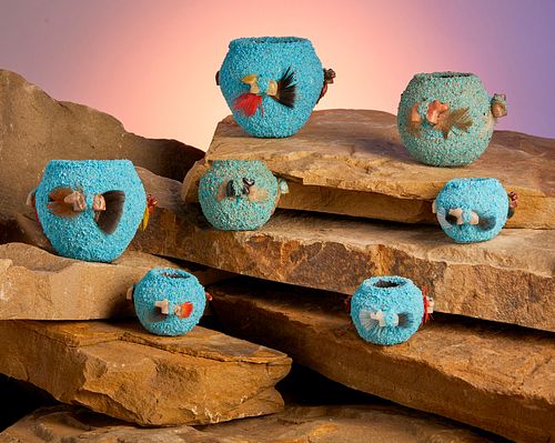 A group of Zuni turquoise fetish pots by Marvelita Phillips