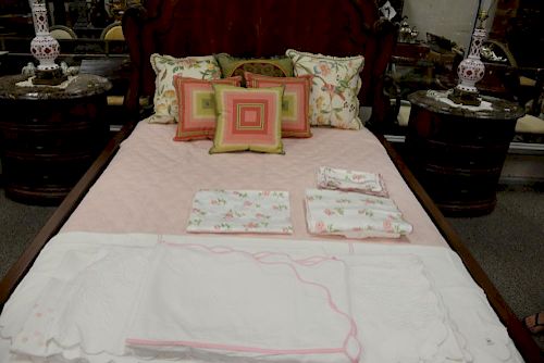 Group lot to include 1 pink coverlet, 3 custom coverlets with pink embroidery, two custom embroidered bed sheets and matching pillow...